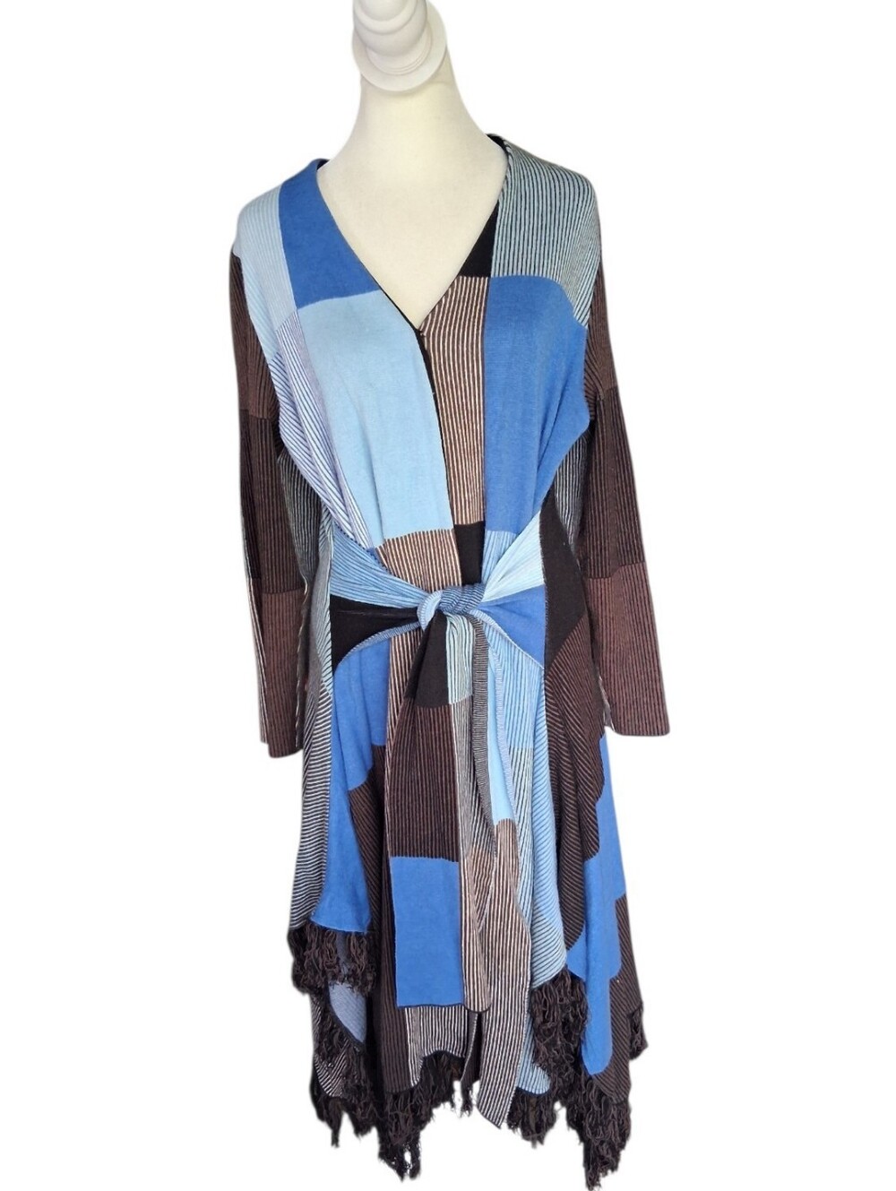 Ming Wang Jacquard Fringe Tie Waist Long Sleeve Midi Dress XL Blue Brown Black